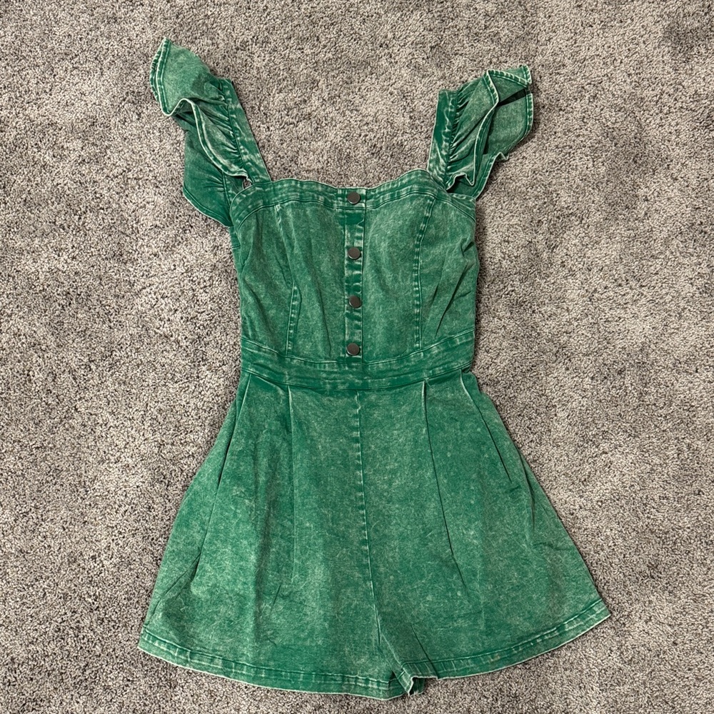 Flying Tomato Green Washed Denim Romper with Ruffle Straps